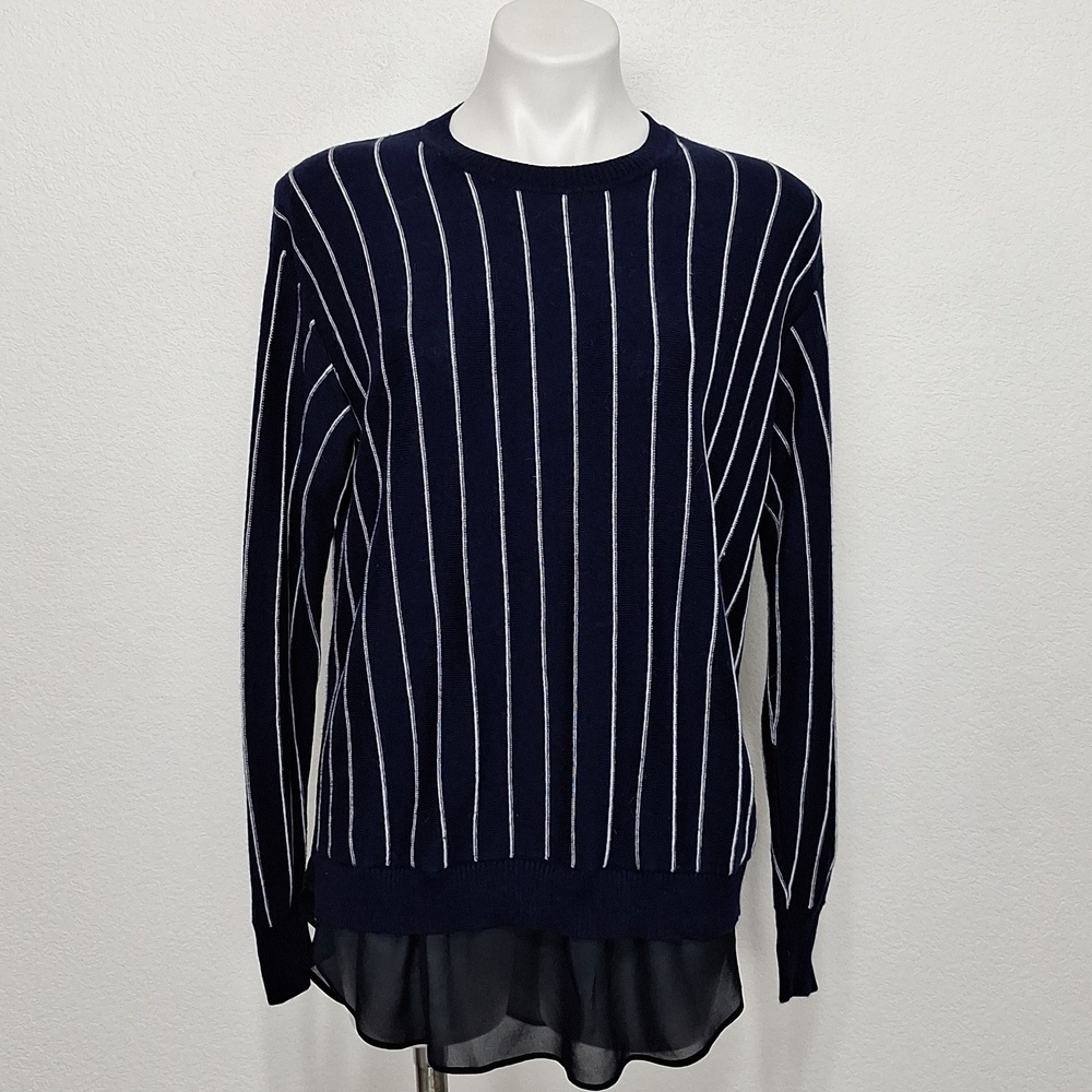 B + AB Blue White Round Neck Gorpcore Preppy Striped Pullover Sweater Size S